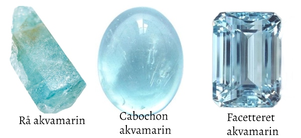 blå akvamarin sten i rå form som cabochon og med facetter