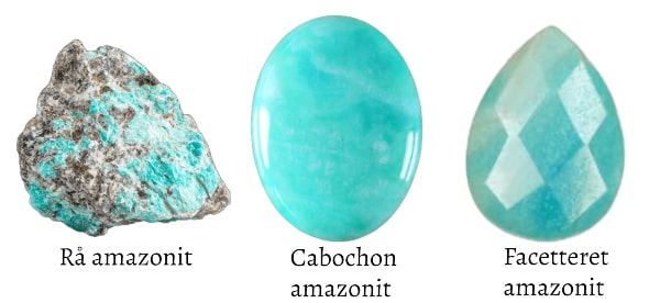 turkise amazonit sten i rå form som cabochon og facetteret