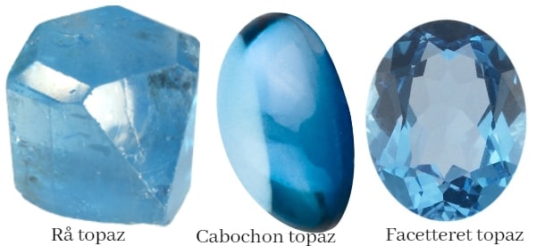 blå topaz i sin rå form som cabochon og med facetter