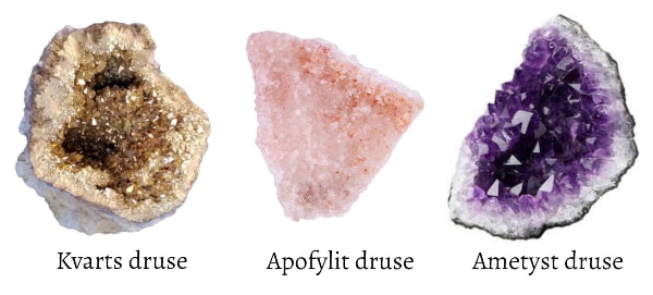 billede af forskellige typer druser som ametyst drusen