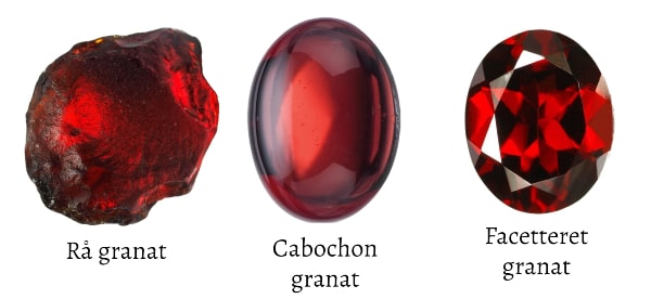Granat sten i rå form som cabochon og med facetter