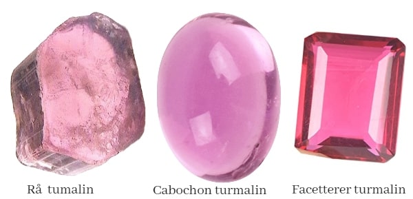 lyserød turmalin i rå form som cabochon og med facetter