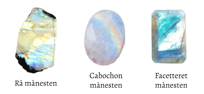 hvid månesten i rå form som cabochon og med facetter