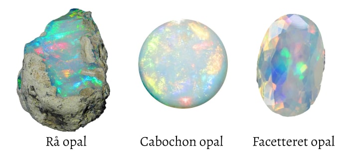 hvid opal sten i rå form som cabochon og med facetter
