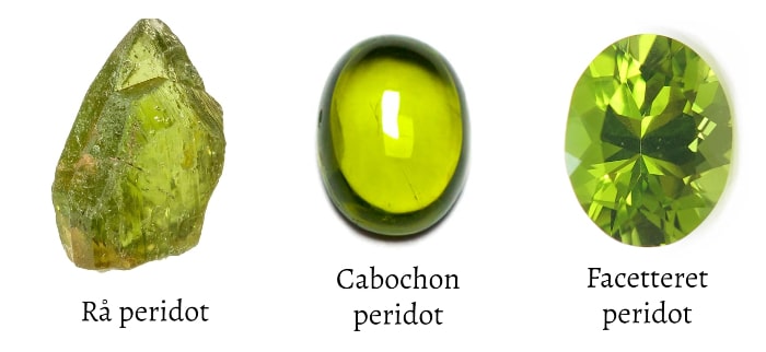 peridot sten i sin rå form som cabochon og med facetter
