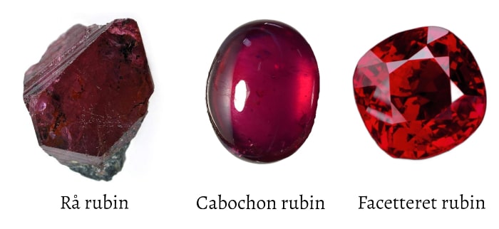 rubin i sin rå form som cabochon og med facetter