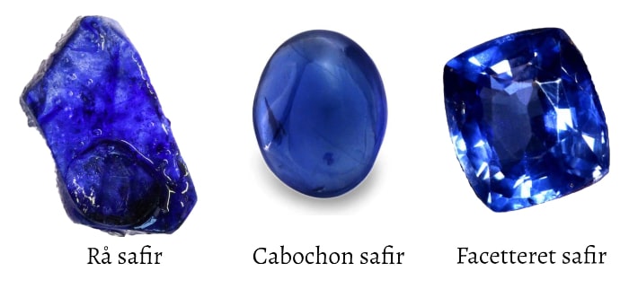 blå safir sten i sin rå form som cabochon og med facetter