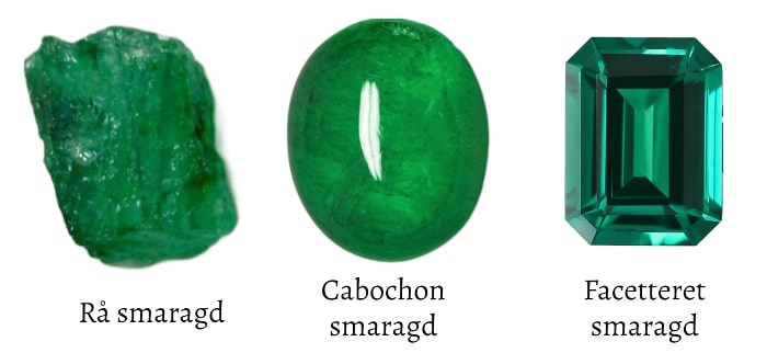 smaragd i rå form som cabochon og med facetter