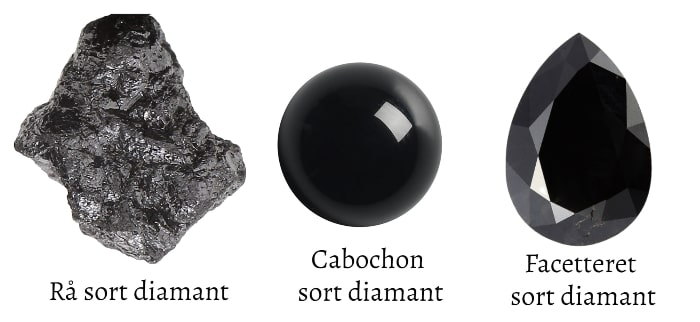 sorte diamanter i rå form som cabochon og facetteret