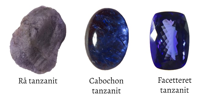 en rå tanzanit sten som cabochon og med facetter