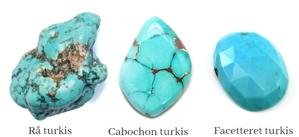 turkis sten i sin rå form som cabochon og med facetter